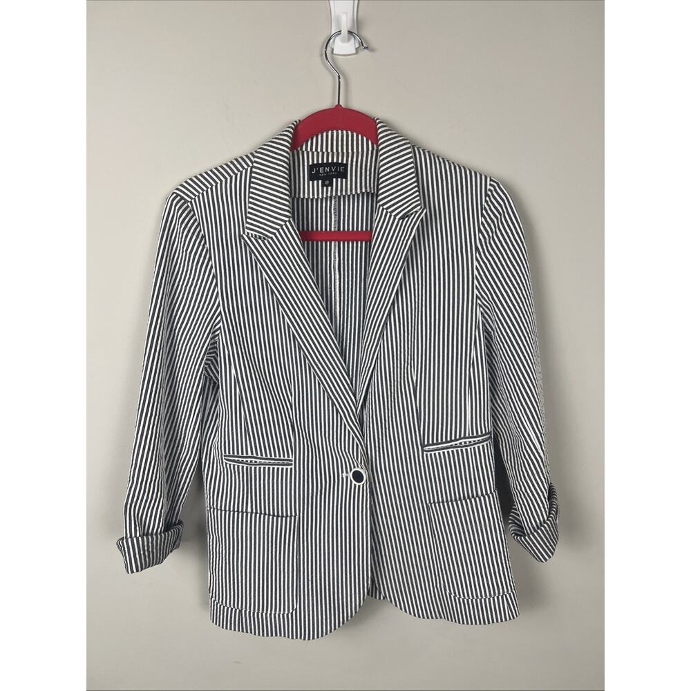 J'Envie NY Blazer Black White Stripes Cotton Blend S 8 Women 80s Preppy Classic